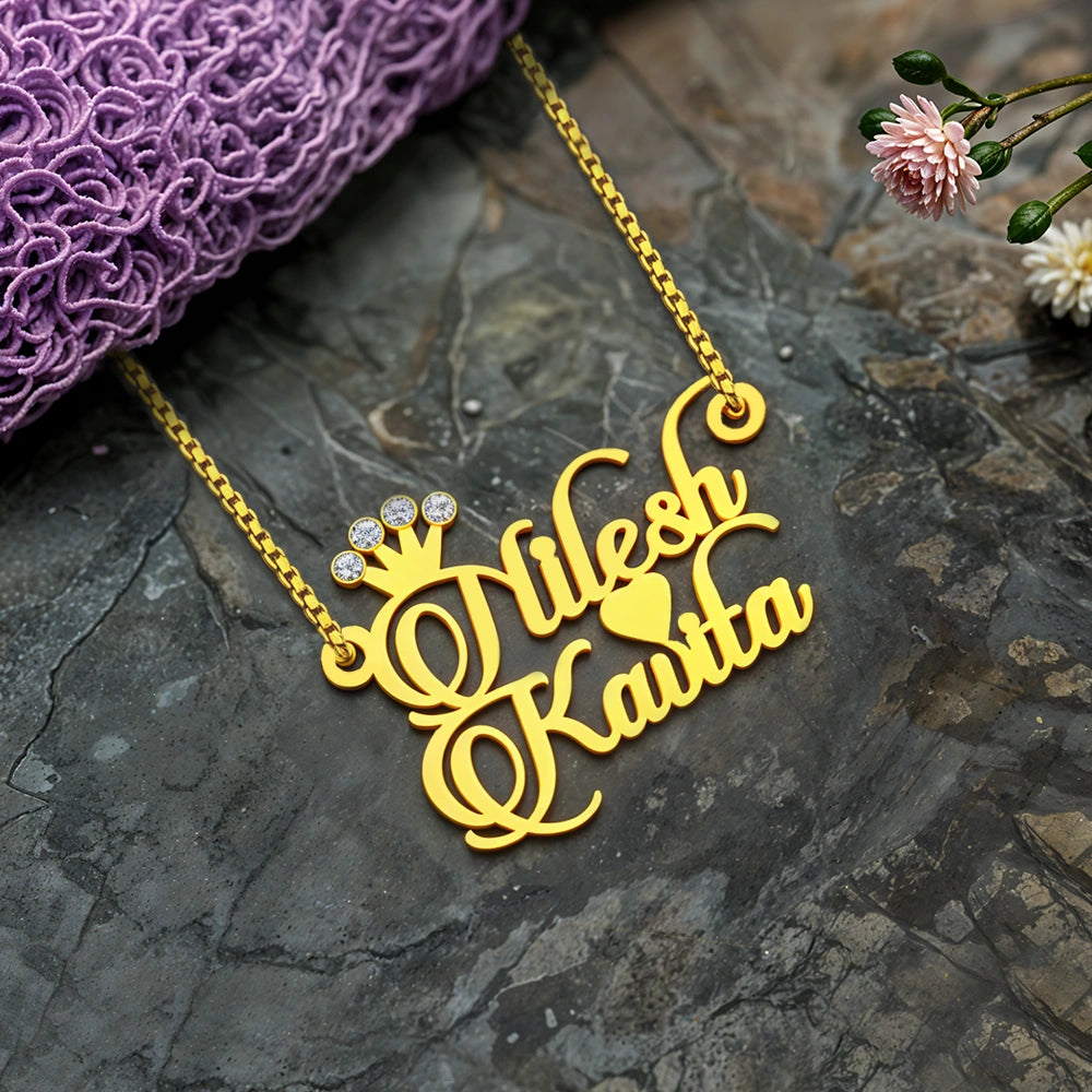 Couple Name Necklace With Diamond Crown
